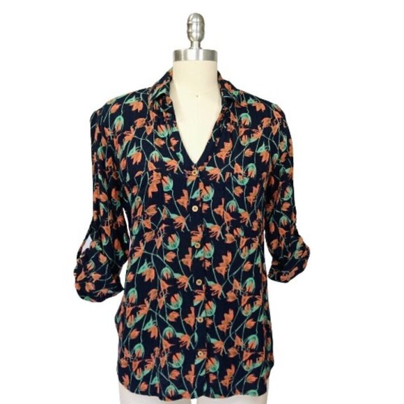 Anthropologie Raga Navy Blue Floral Blouse Size M Roll Tab Sleeves Top Womens - Picture 1 of 9